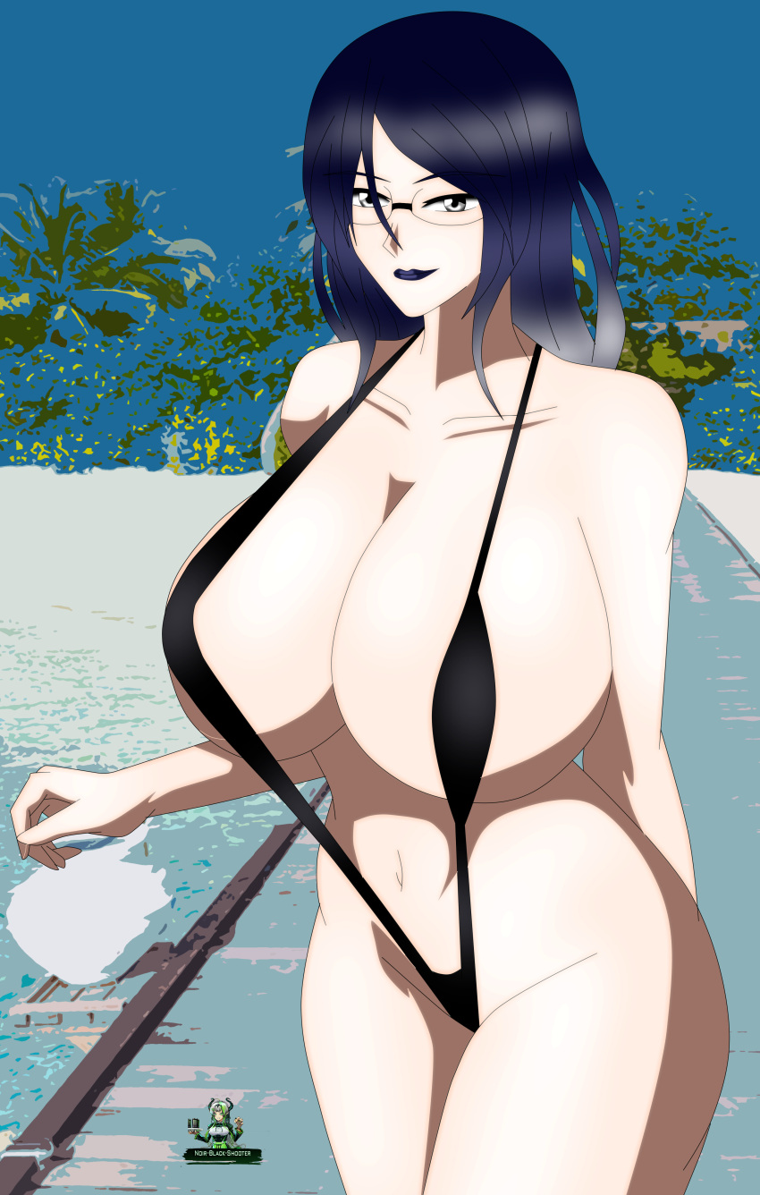 akinama_family_(noir-black-shooter) beach big_breasts black_bikini gilf glasses huge_breasts kazane_akinama_(noir-black-shooter) long_hair milf multicolored_hair noir-black-shooter oc one_piece_swimsuit original original_character silver_eyes