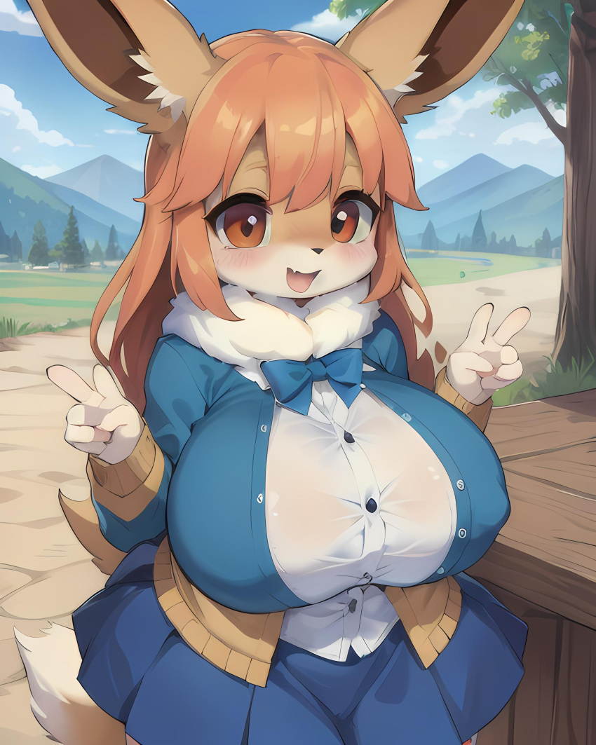 ai_generated anthro awokose big_breasts blush blushing clothed eevee furry huge_breasts outdoors outside school school_uniform schoolgirl stable_diffusion student