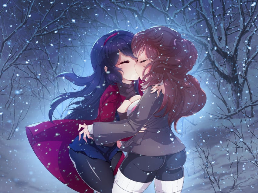 2girls ass black_hair black_jacket black_pants blue_skirt breasts brown_hair brown_sweater chasing_tails_-a_promise_in_the_snow cleavage_cutout closed_eyes flat_chest_dev game_cg hairband hugging jacket june_(chasing_tails) kissing kissing large_breasts long_hair pants pantyhose ponytail red_jacket rin_(chasing_tails) skirt snow snowing sweater thighhighs turtleneck_sweater white_sweater yuri