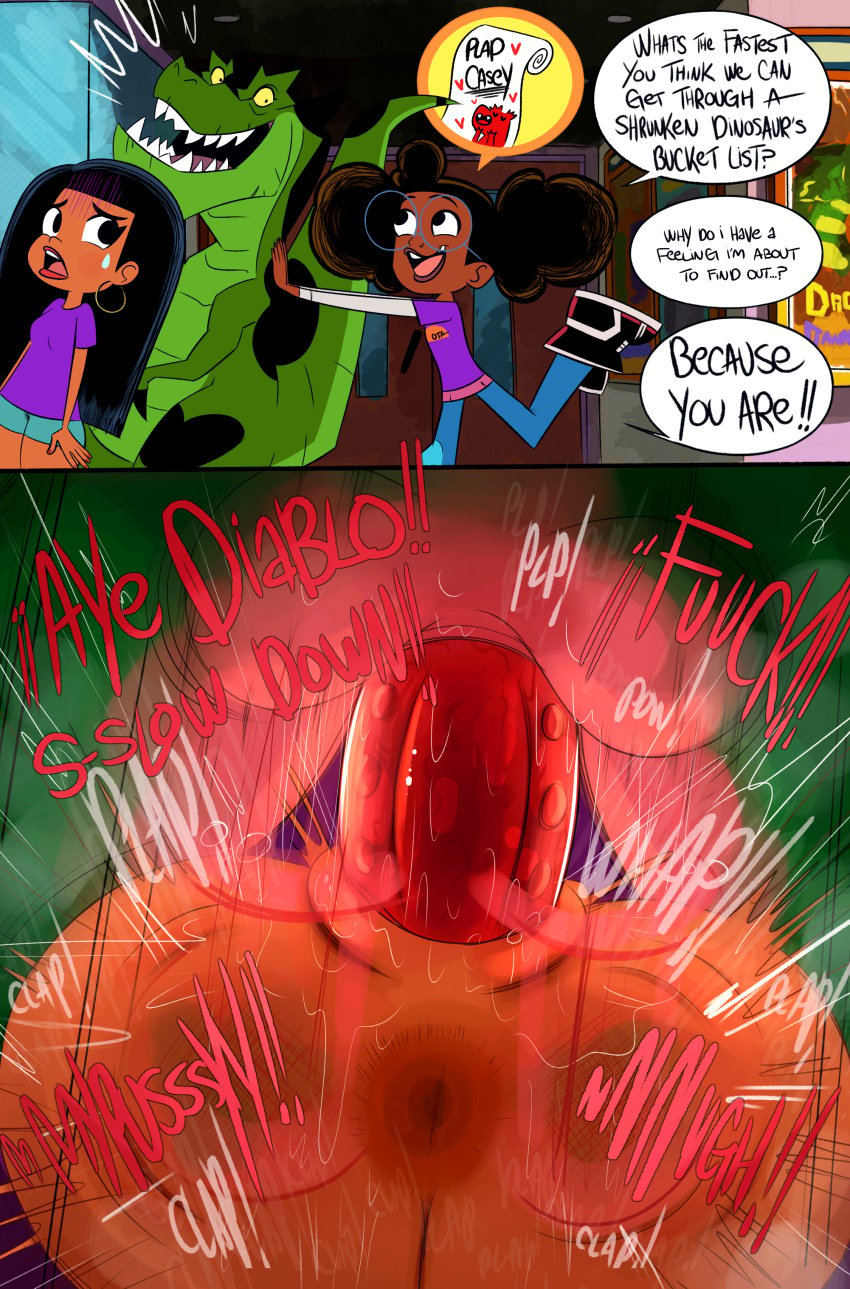 2koma absurd_res anus artist_name ass big_butt big_penis black_eyes black_hair breasts butt_focus casey_calderon clothed clothing comic dark_body dark_skin devil_dinosaur dinosaur disney eyewear female from_front_position genitals glasses green_body green_skin group hair hi_res huge_butt huge_cock human interspecies lips long_hair long_tail lunella_lafayette male male/female mammal marvel mating_press moan moon_girl_and_devil_dinosaur nude ota_(artist) penetration penis profanity red_penis reptile round_glasses scalie sex sharp_teeth signature spanish_text style_parody tail teeth teeth_showing text theropod trio tyrannosaurid tyrannosaurus tyrannosaurus_rex vaginal_penetration