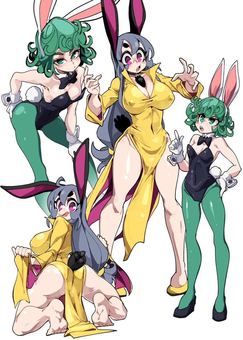 2girls absurd_res ass big_breasts bongfillstudent bunny_ears bunny_girl bunny_industry_(bongfillstudent) bunny_tail bunnysuit clothes_swap crossover detached_collar dress female female_only gloves green_eyes green_hair grey_hair kneeling licking_lips long_hair looking_at_viewer looking_back looking_back_at_viewer neck_ribbon nipple_bulge one-punch_man pantyhose purple_eyes smiling smiling_at_viewer tank_bunny_(bongfillstudent) tatsumaki white_background wrist_cuffs