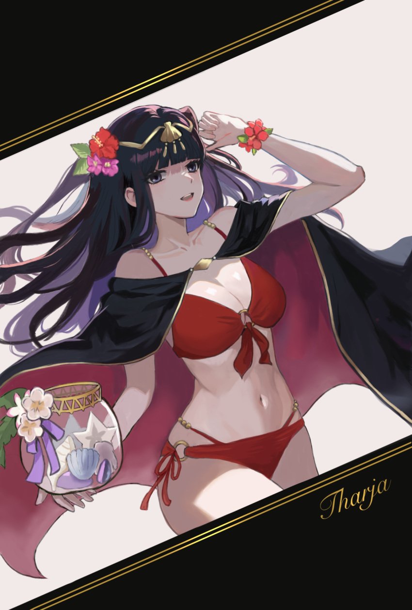 1girls alternate_costume bikini black_cape breasts cape character_name cleavage dutch_angle female female female_only fire_emblem fire_emblem_awakening fire_emblem_heroes flower flower_bracelet hibiscus highres large_breasts long_hair navel nintendo o-ring o-ring_bikini official_alternate_costume purple_eyes red_bikini red_swimsuit scallop simple_background solo swimsuit tharja_(fire_emblem) tharja_(summer)_(fire_emblem) tiara two-tone_cape wrist_flower yuurururun