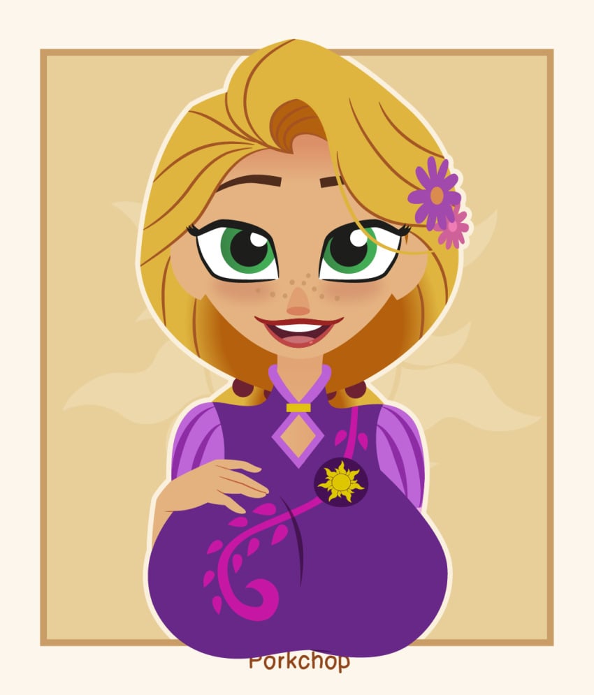 big_breasts blonde_hair braided_hair breasts busty disney disney_channel disney_princess flower_in_hair fully_clothed green_eyes hair_beads hand_on_breast huge_breasts large_breasts lipstick open_mouth porkchop_(artist) purple_dress rapunzel smile tangled tangled:_the_series