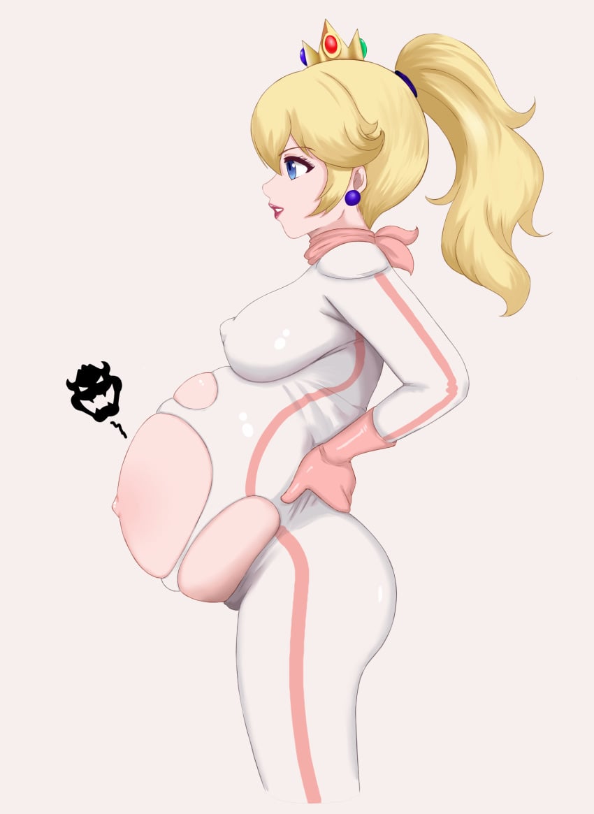 blonde_hair blue_eyes bowser bowser_logo interspecies_pregnancy mario_(series) mario_kart mrhunking pregnant princess_peach profile solo standing torn_bodysuit torn_clothes torn_clothing