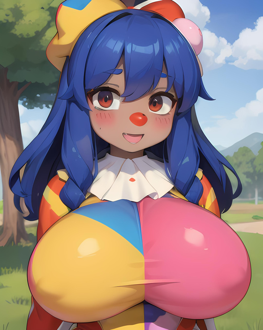 ai_generated awokose big_breasts clothed clown clown_girl huge_breasts outside stable_diffusion