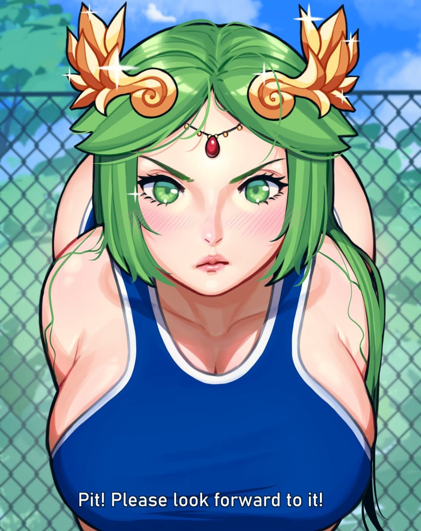 1girls azumanga_daiou crossover huge_breasts kid_icarus mariezone nintendo one-piece_swimsuit palutena please_look_forward_to_it swimsuit tagme wide_hips