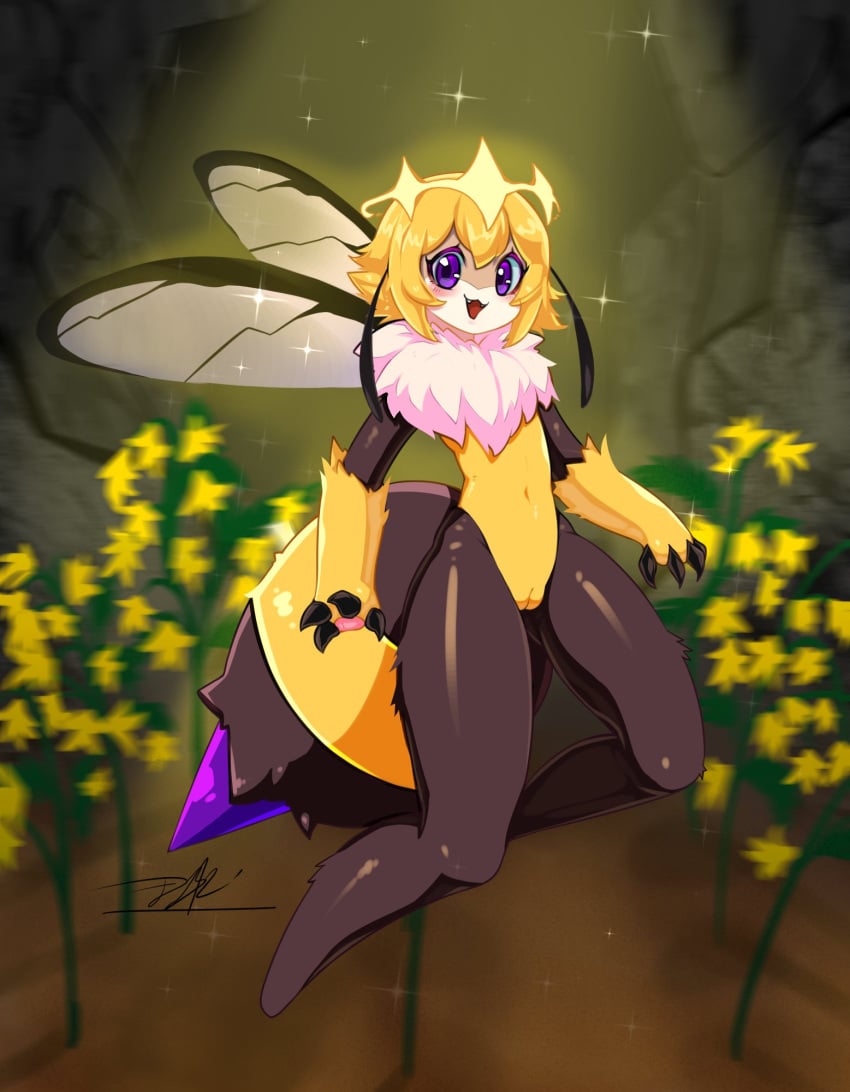 1girls anthro bee blonde_hair bottomless crown denva9 flying looking_at_viewer monster_girl nude open_mouth outside presenting purple_eyes pussy queen_poisonous_honeybee short_hair smile solo solo_farming_in_the_tower standing thick_thighs