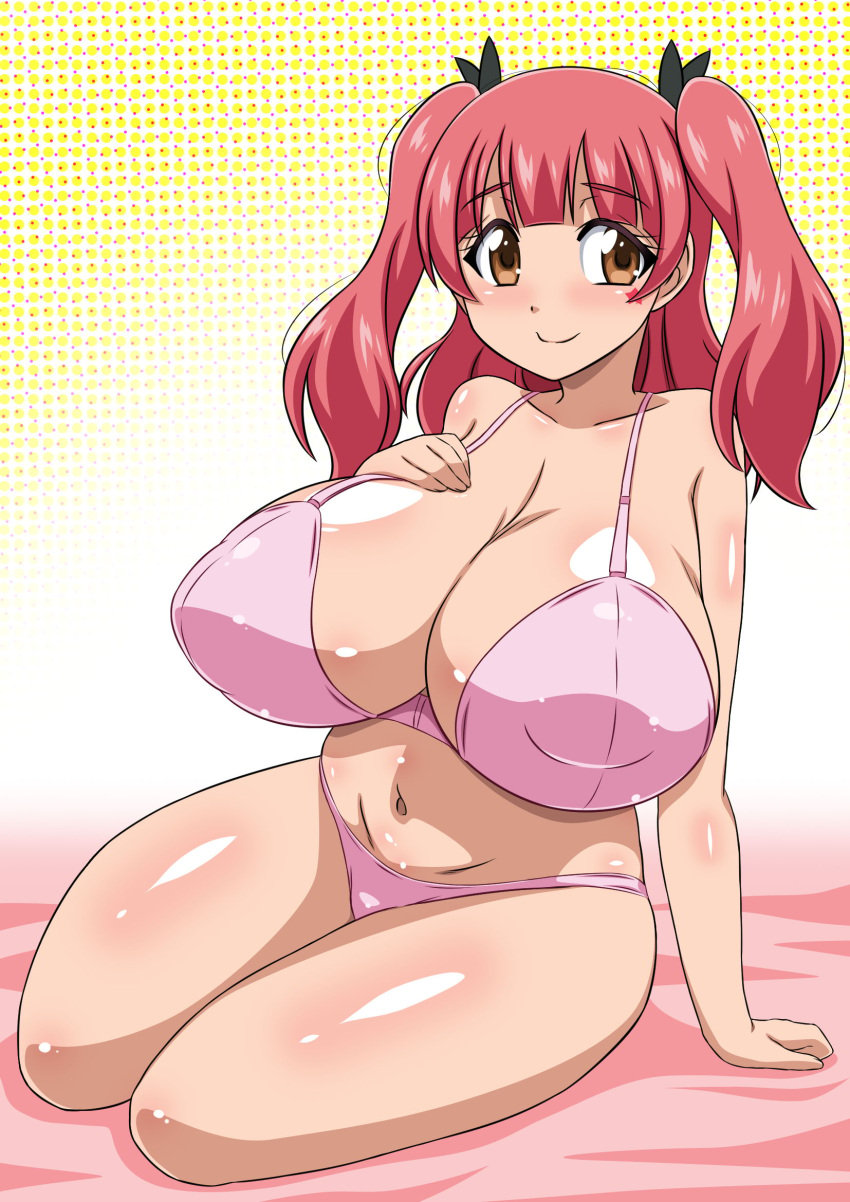 10s 1girls bed bed_sheet bra breasts brown_eyes closed_mouth covered_erect_nipples female female_focus fujinoki_nene full_body hajimete_no_gal highres huge_breasts looking_at_viewer navel on_bed panties pink_hair shortstack sitting smile solo twintails yukimaru_(gojo)