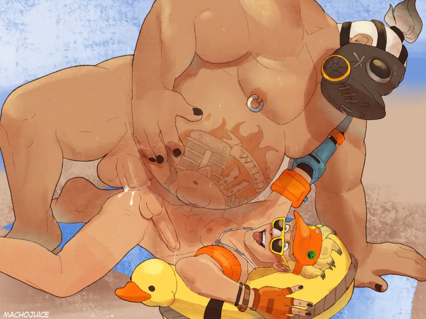 2boys age_difference anal beachrat chubby cum_in_ass gay junkrat machojuice male male_only nipple_piercing overwatch overwatch_2 overweight roadhog size_difference tongue tongue_out