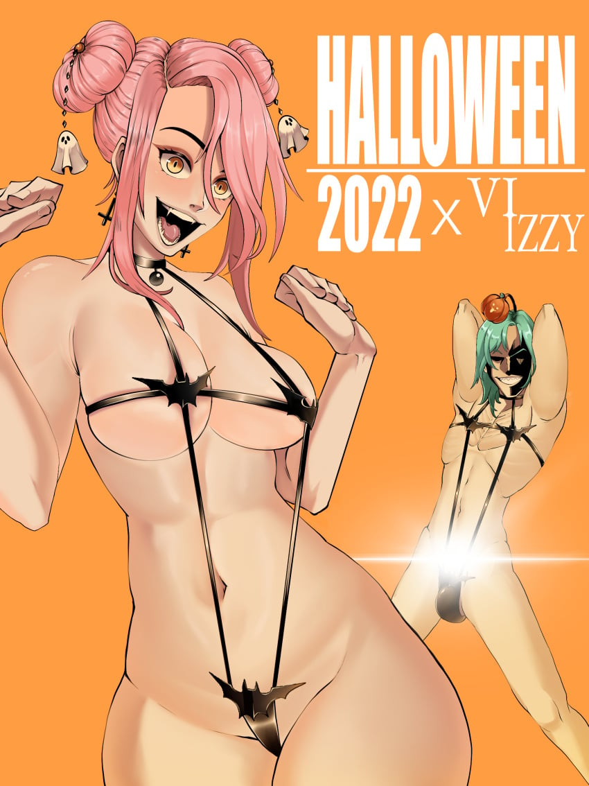 black_jewelry choker cleavage couple fangs ghost hair_bun hair_ornament halloween humor izzy_(kinjero) kinjero large_breasts lingerie long_hair looking_at_viewer original original_characters pink_hair pumpkin simple_background smile teal_hair upside_down_cross vampire vi_(kinjero)