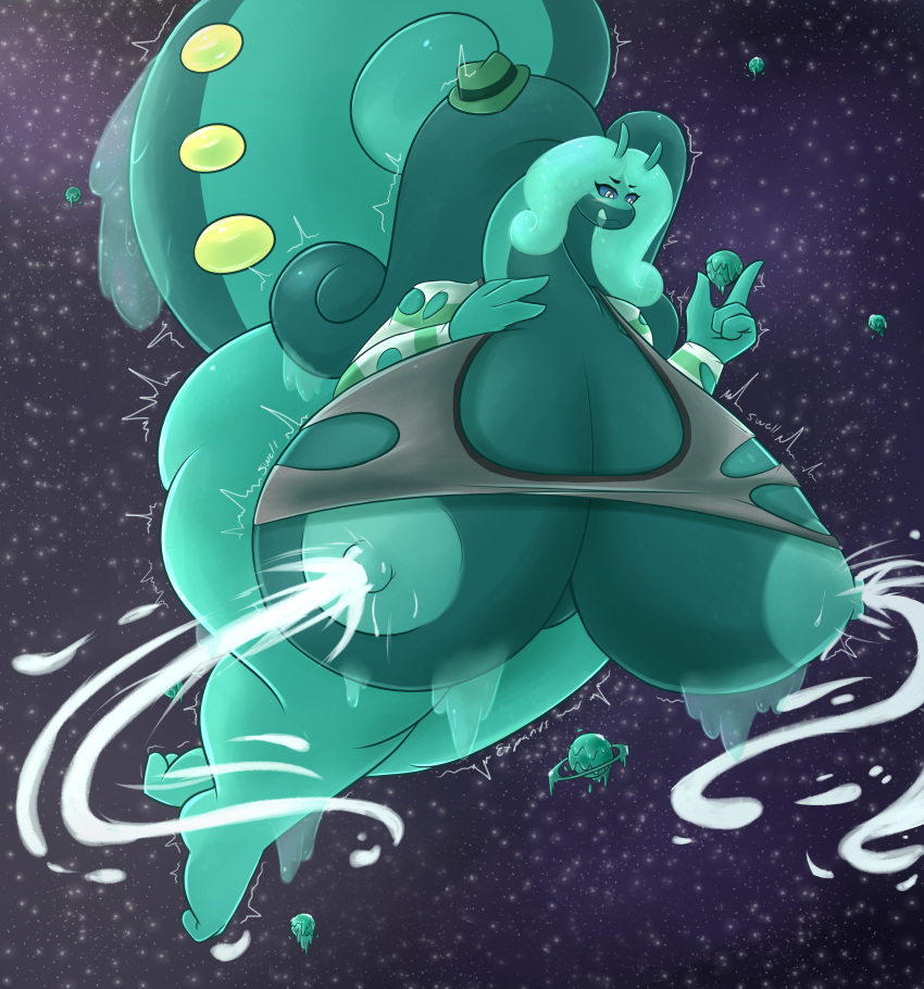 absurd_res anthro ass big_breasts bodily_fluids breast_expansion breasts butt_expansion clothing expansion female floating generation_6_pokemon goo_hair goodra green_hair growth hair hi_res huge_breasts hungry hyper hyper_breasts lactating larger_female macro nintendo nipples object_vore overweight overweight_anthro overweight_female planet planet_vore pokemon pokemon_(species) pseudo_hair reygunpocket_(artist) size_difference slime solo tail thick_thighs vore wardrobe_malfunction