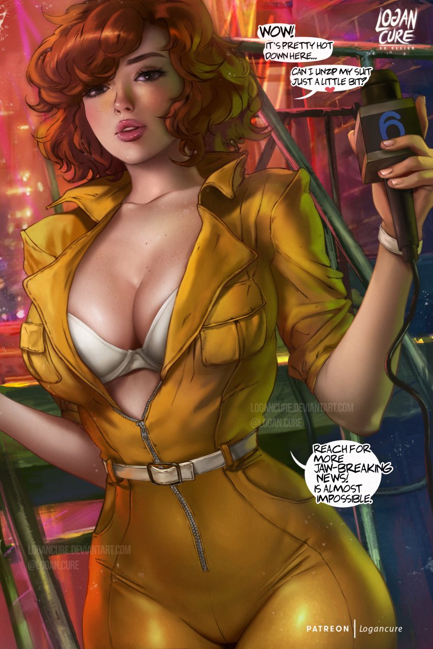 april_o'neil april_o'neil_(tmnt_1987) bra cleavage clothing curvy dialogue electronics female hourglass_figure human jumpsuit logan_cure microphone pale_skin red_hair reporter short_hair teenage_mutant_ninja_turtles text wavy_hair wristwear zipper_down