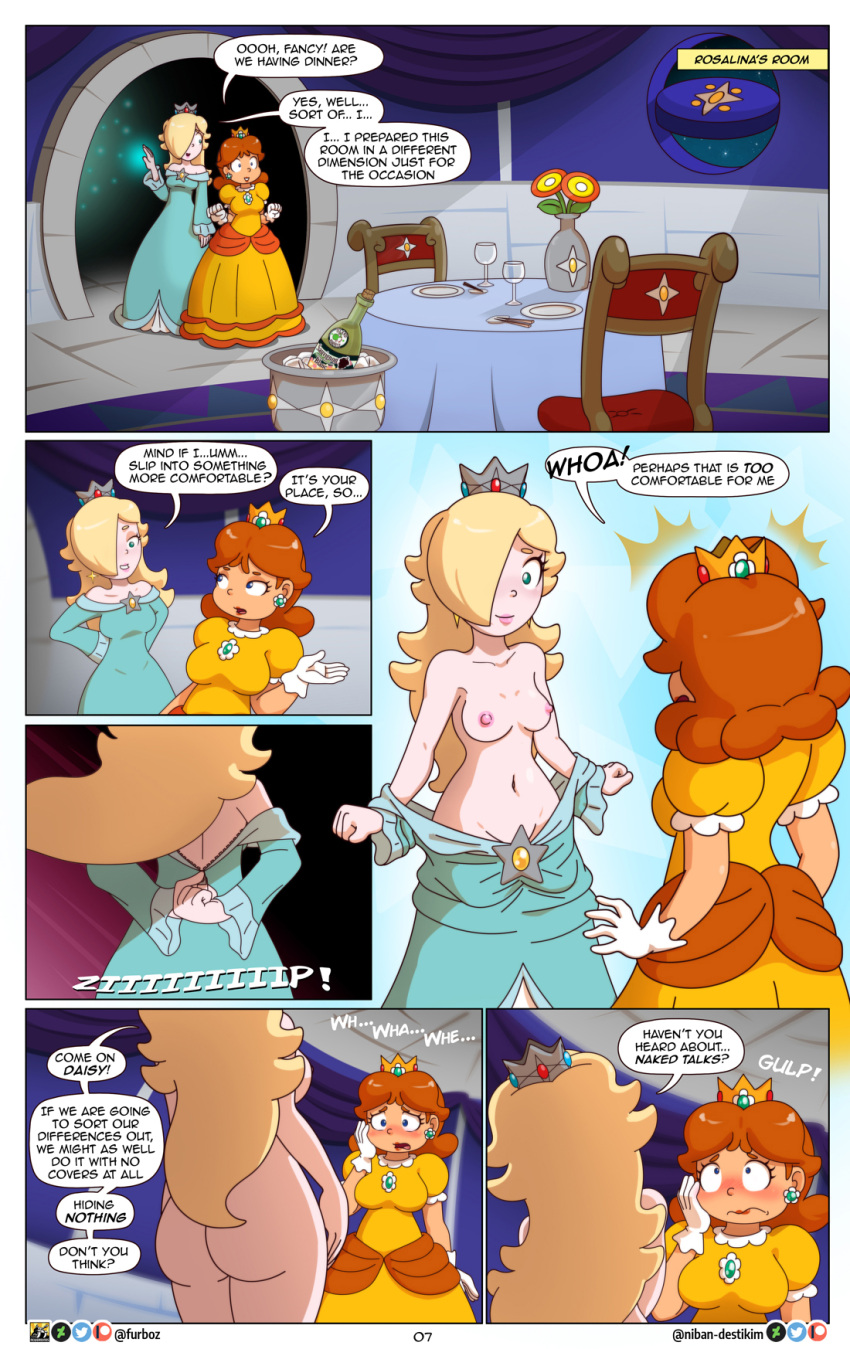 2girls ass breasts comic dialogue english_text female female_only furboz mario_(series) multiple_girls niban-destikim nude page_7 princess_daisy princess_rosalina sexual_harassment speech_bubble super_mario_bros. super_mario_galaxy text undressing yuri