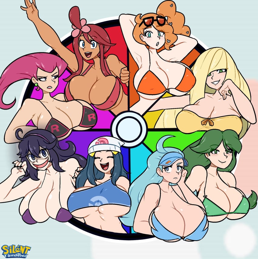 2023 8girls alternate_breast_size armpits bikini blonde_hair blue_hair breasts_bigger_than_head cheryl_(pokemon) color_wheel_challenge dawn_(pokemon) eyewear_on_head happy_female hex_maniac huge_breasts jessie_(pokemon) kahili_(pokemon) lusamine_(pokemon) multiple_girls nintendo pokemon pokemon_dppt pokemon_sm pokemon_ss purple_hair silenttandem skyla_(pokemon) sonia_(pokemon) sunglasses_on_head team_rocket