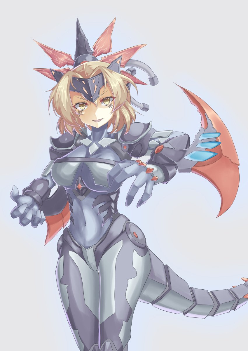 armor armored_bodysuit black_armor black_bodysuit blonde_hair bodysuit breasts crotch_plate dinomorphia_kentregina dinosaur_girl duel_monster female hand_up headgear mechanical_tail short_hair tail yu-gi-oh!_zexal