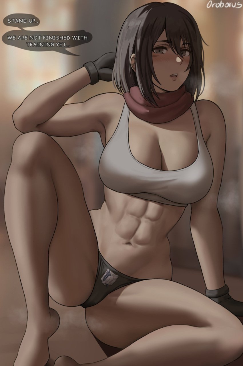 1girls abs attack_on_titan belly_button black_hair breasts dialogue english_text female large_breasts light-skinned_female light_skin midriff mikasa_ackerman oroborusart panties savagexthicc scarf shingeki_no_kyojin short_hair sports_bra tank_top thick_thighs