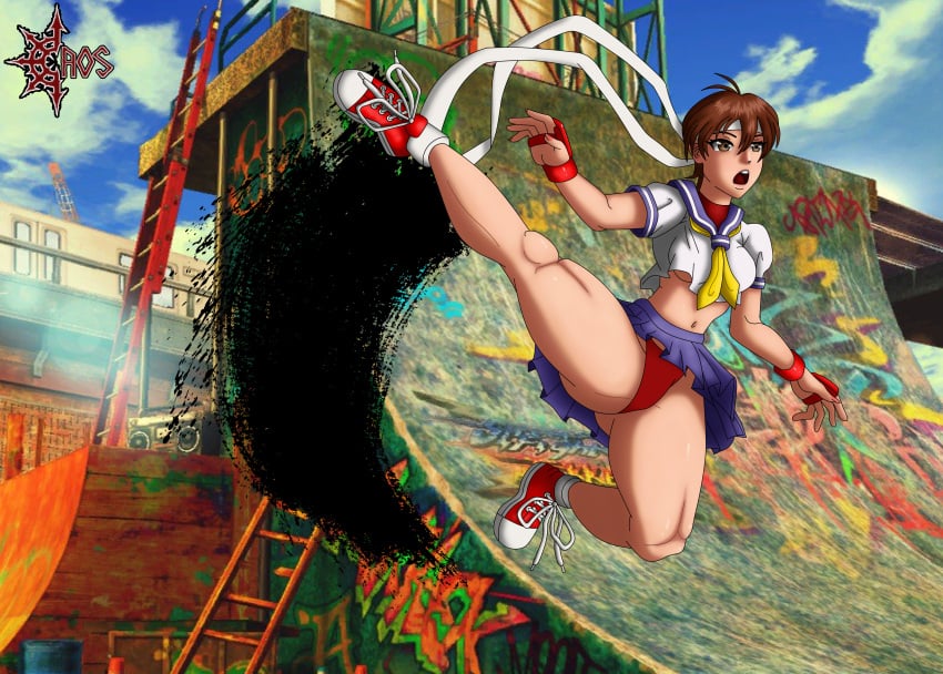 1girls brown_eyes brown_hair caosenriqueart female female_only fighter fully_clothed kicking sakura_kasugano solo street_fighter street_fighter_iv