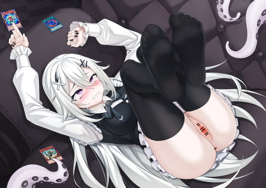 absurdres arms_up bare_legs black_thighhighs block_dragon censored character_request clenched_teeth couch crying crying_with_eyes_open drooling feet feet_up female foot_focus foreshortening fossil_dyna_pachycephalo fossil_fusion hair_between_eyes hair_ornament hairclip highres holding leg_up legs legs_up long_hair long_sleeves lying no_panties no_shoes on_back purple_eyes pussy pussy_juice rolling_eyes skirt soles solo tears teeth tentacle thighhighs toes white_hair white_skirt xo_(xo17800108) yu-gi-oh!