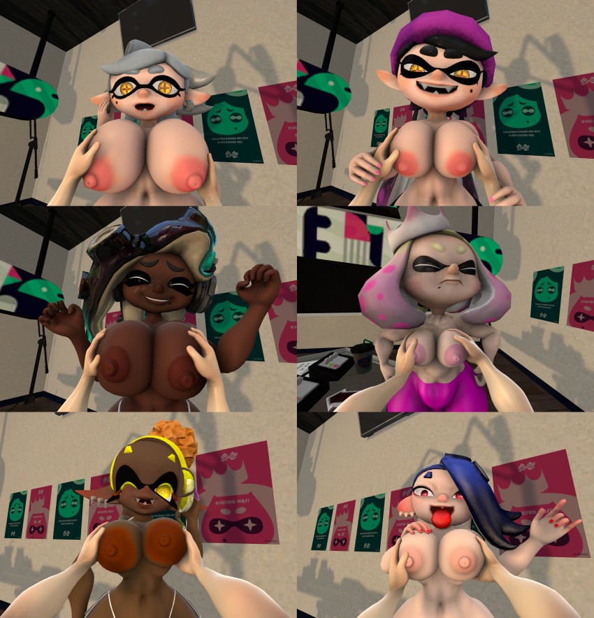 3d breast_grab callie_(splatoon) dark-skinned_female dark_skin female female_only frye_(splatoon) huge_breasts light-skinned_female light_skin marie_(splatoon) marina_(splatoon) nintendo pearl_(splatoon) puffy_nipples shiver_(splatoon) shortstack silverade55 source_filmmaker splatoon tagme teasing teasing_viewer unseen_male_face