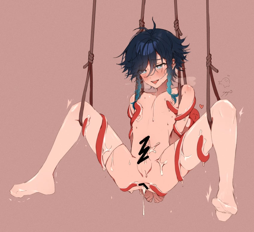 1boy artist_request black_hair blue_eyes blue_hair blush bondage bound braid brown_background censored drooling emoji genshin_impact gradient_hair heart heart-shaped_pupils highres ice_s_s_z male_focus male_only multicolored_hair no_shoes open_mouth penis rope_bondage short_hair_with_long_locks simple_background smile solo solo_male squid swept_bangs symbol-shaped_pupils tentacle tentacles_on_male thighhighs twin_braids venti_(genshin_impact) white_thighhighs