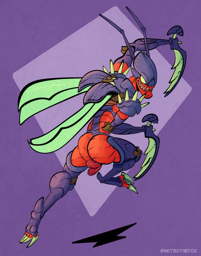 absurd_res antennae_(anatomy) anthro arthropod ass balls genitals hi_res kha'zix league_of_legends male metrothefox penis presenting presenting_hindquarters purple_body red_body riot_games smile solo_male spread_wings voidborn wings