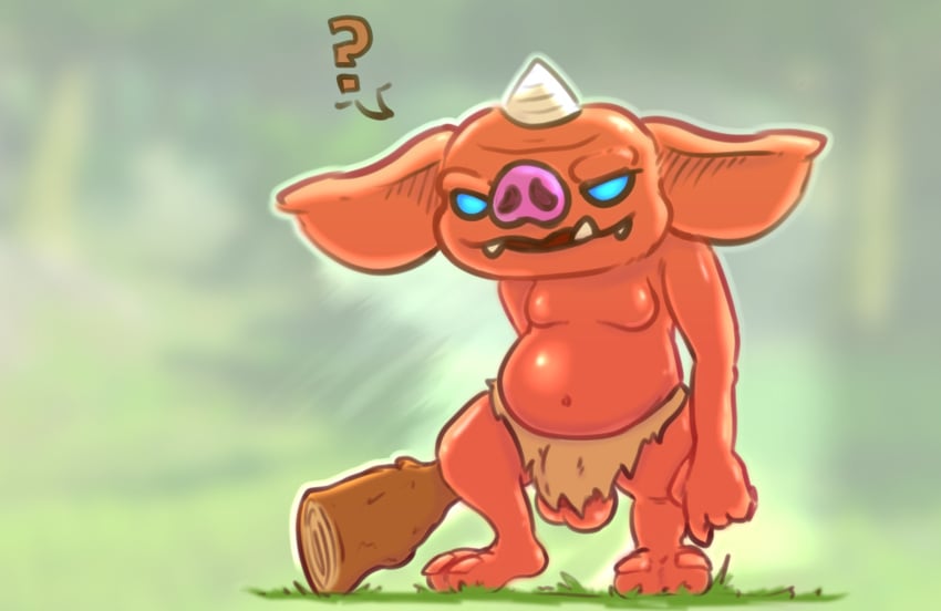 anthro balls big_ears blin_(tloz) bokoblin bottomwear breath_of_the_wild clothed clothing fangs feet genitals grass hi_res horn loincloth male nintendo open_mouth partially_clothed plant saggy_balls simple_background slightly_chubby solo solo_focus tears_of_the_kingdom teeth the_legend_of_zelda toes weapon websheck