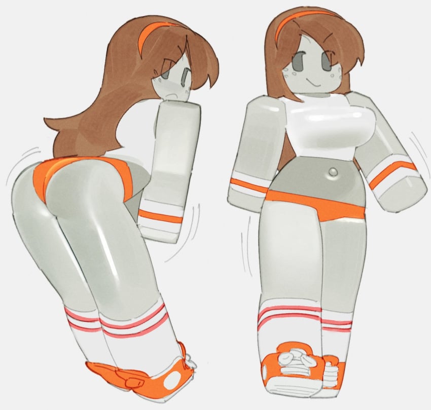 1girls ass back_view blocky_body breasts brown_hair female freckles front_view frown grey_skin hairband midriff mob_face navel roblox robloxian sk8tr smile sneakers socks tagme wamudraws white_background