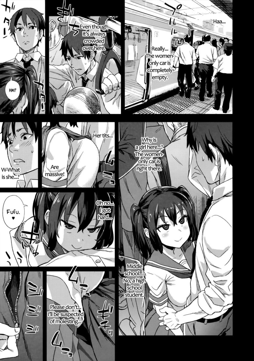 1girls 6+boys asanagi big_breasts black_hair blush blushing breast_press breasts button_down_shirt clothed clothing comic crowd manga monochrome necktie original pigtails school_uniform schoolgirl short_sleeves shortstack size_difference smile smiling smug smug_face smug_grin tease teasing train train_interior undoing_clothing uniform zipper zipper_pull_tab