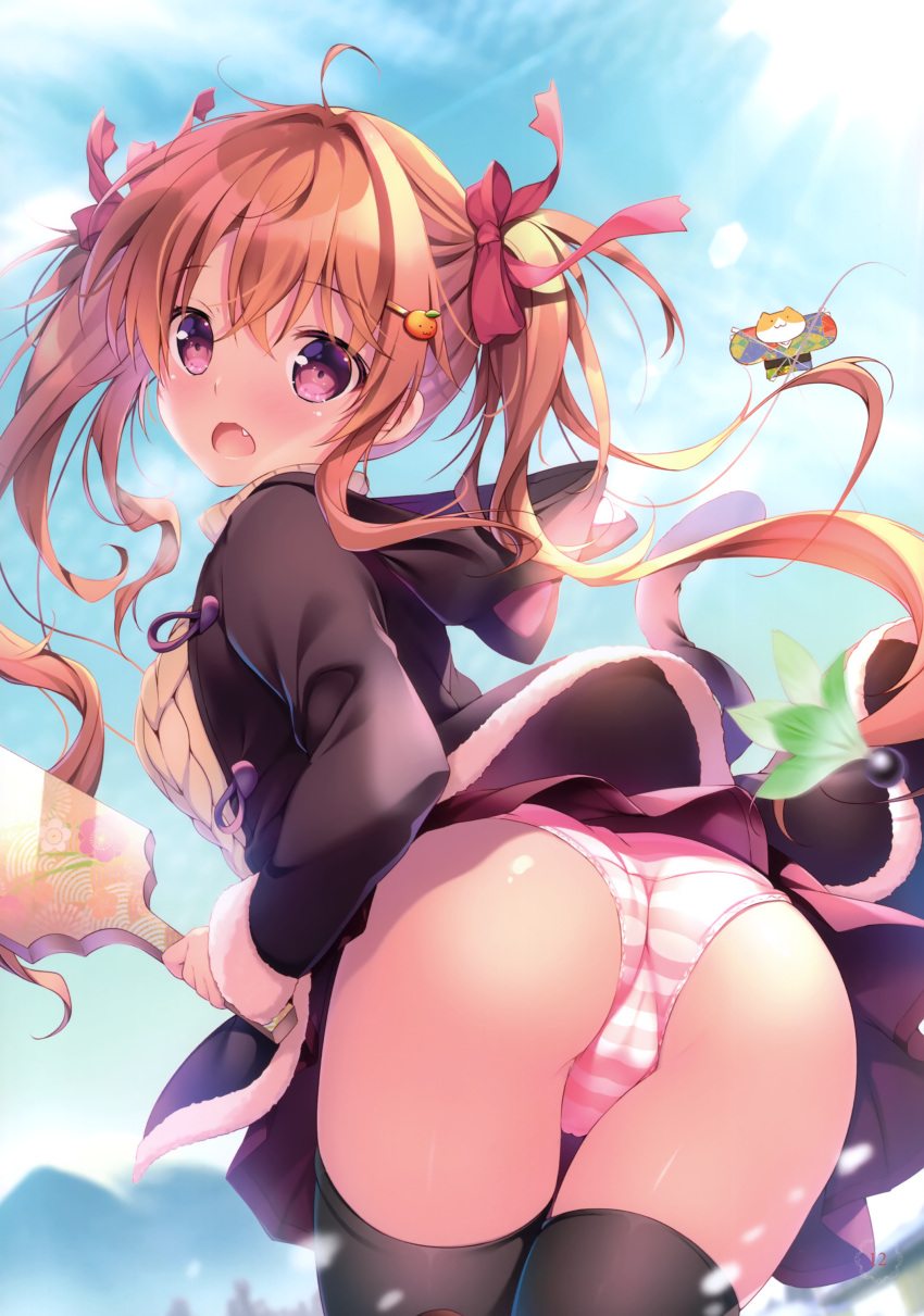 :o absurdres ass black_jacket black_thighhighs blue_sky brown_hair clothes_lift day feline female food-themed_hair_ornament hair_ornament hair_ribbon highres holding holding_paddle jacket long_hair looking_at_viewer mikeou non-web_source oerba_yun_fang open_mouth orange_hair_ornament original outdoors paddle panties pleated_skirt purple_skirt red_eyes ribbon skirt skirt_lift sky solo standing striped striped_panties sweater thighhighs turtleneck turtleneck_sweater underwear very_long_hair
