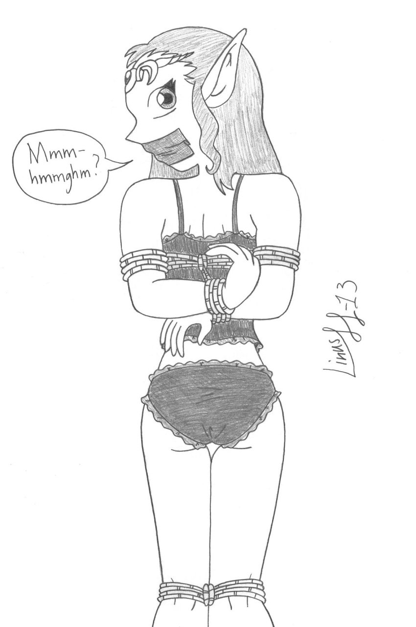 1girls bondage butt camisole female female_only limpurtikles monochrome ocarina_of_time panties princess_zelda rope rope_bondage sketch tape tape_gag the_legend_of_zelda tied_up underwear_only zelda_(ocarina_of_time)