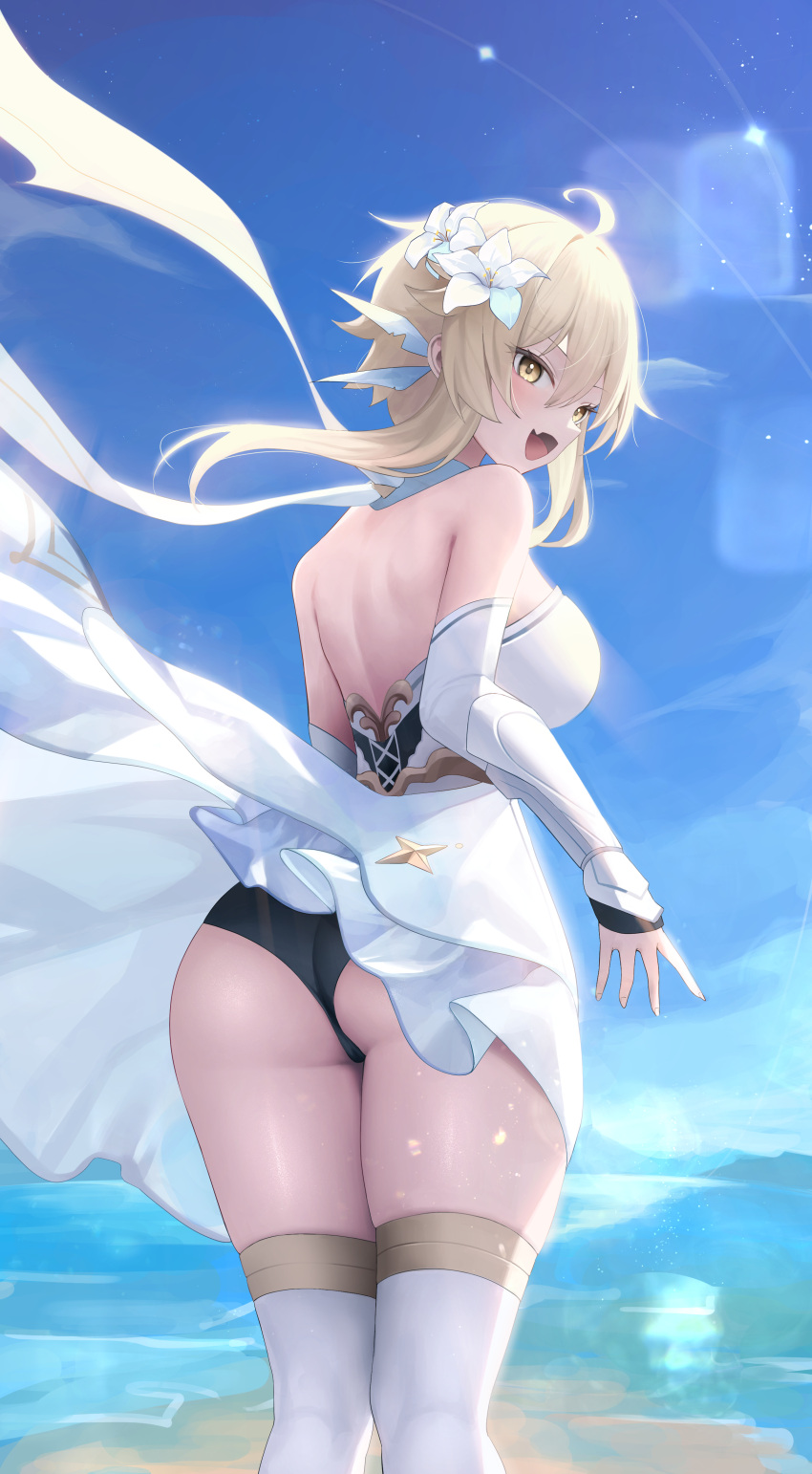 absurdres ahoge ass back bare_shoulders beach black_panties blonde_hair blue_sky blush breasts detached_sleeves dress feather_hair_ornament feathers female flower genshin_impact hair_flower hair_ornament highres large_breasts looking_at_viewer looking_back lumine_(genshin_impact) medium_hair open_mouth panties rable scarf shore sidelocks sky smile solo thighhighs thighs underwear white_dress white_scarf white_thighhighs yellow_eyes