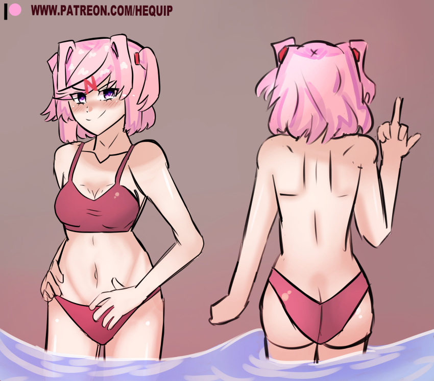 5_fingers artist_name ass back back_view bare_shoulders behind_view bikini bikini_bottom bikini_top blush blushing breasts butt cleavage collarbone doki_doki_literature_club female female_only flipping_off flipping_the_bird front_view hequip1 in_water middle_finger natsuki_(doki_doki_literature_club) navel patreon_url patreon_username pink_eyes pink_hair red_bikini red_bikini_bottom red_bikini_top red_swimwear shiny shiny_ass shiny_butt shiny_skin shiny_thighs swimwear thighs url water