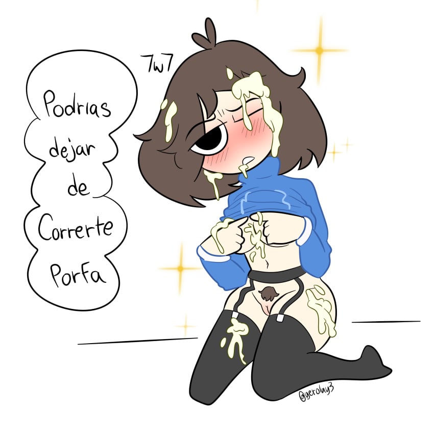 after_sex black_eyes black_stockings blue_hoodie breasts brown_hair clothing cum cum_in_mouth cum_on_breasts cum_on_face cum_on_hair cum_on_thighs cum_on_upper_body female female_focus female_only lingerie on_knees spanish_dialogue spanish_text stockings white_background yerolay