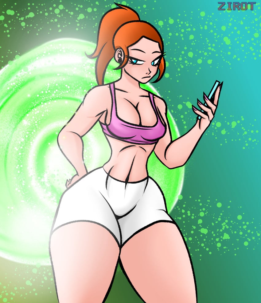 1girls big_ass big_breasts blue_eyes breasts female female_focus female_only huge_breasts midriff ponytail portal red_hair rick_and_morty small_clothes small_waist smartphone summer_smith thick thick_ass thick_legs thick_thighs thighs wide_hips yoga_pants yoga_shorts zirot