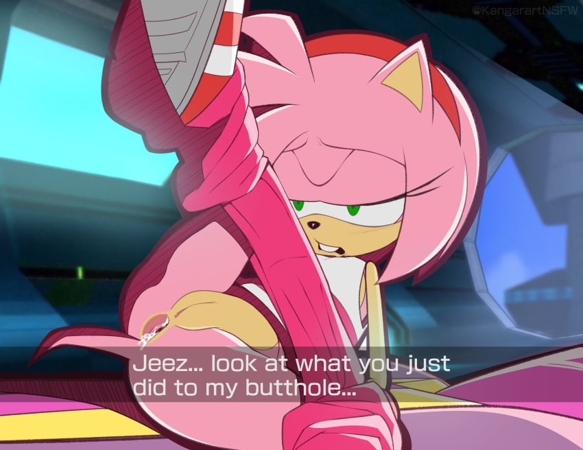 after_anal after_sex amy_rose anal anus artstyle_imitation ass clothed clothed_sex cum cum_dripping_from_ass cum_in_ass dialogue green_eyes hedgehog kangarart partially_clothed pink_fur pink_hair pleasure_face post_anal pussy sonic_(series) sonic_riders sonic_the_hedgehog sonic_the_hedgehog_(series) style_parody text