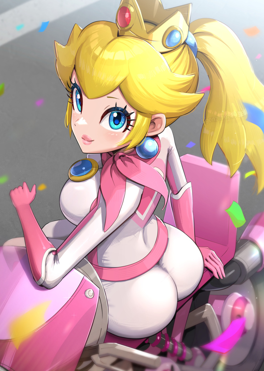 1girls ass belt biker_clothes biker_peach bikesuit blonde_hair blue_eyes bodysuit breasts clothing confetti crown earrings female gloves gonzarez hi_res human jewelry looking_at_viewer looking_back mario_(series) mario_kart motorcycle nintendo pale_skin ponytail princess_peach scarf skin_tight smile solo tight_clothing