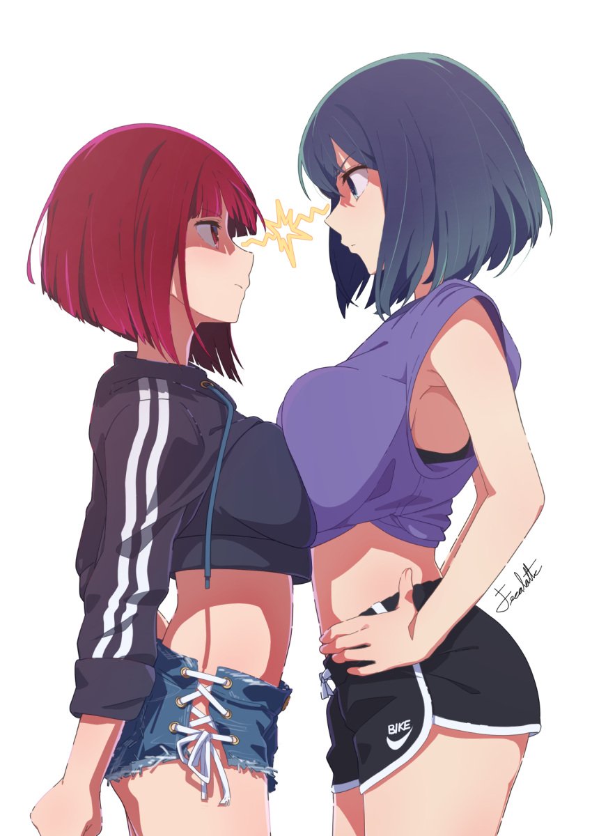 2girls alternate_breast_size arima_kana asymmetrical_docking black_shorts blue_eyes blue_hair brand_name_imitation breast_press breasts catfight clenched_hand closed_mouth crop_top cropped_sweater cutoffs denim denim_shorts face-to-face feca feca_(artist) from_side fully_clothed glaring hand_on_own_hip highres kurokawa_akane large_breasts lightning_glare lightning_stare looking_at_another medium_breasts multiple_girls oshi_no_ko red_eyes red_hair short_hair short_shorts shorts side-tie_shorts staredown