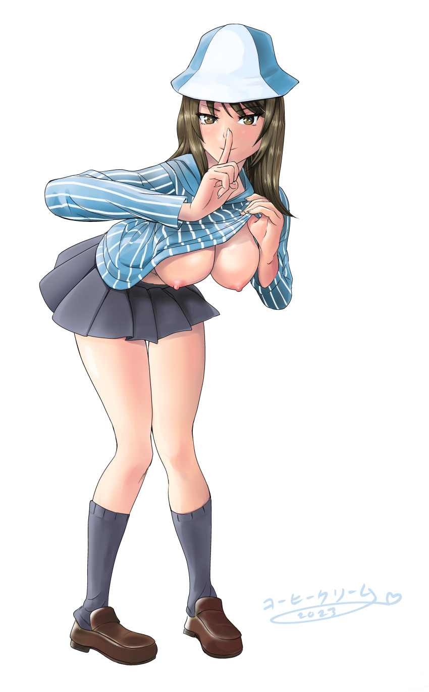 absurdres black_socks blush breasts brown_eyes brown_hair closed_mouth clothes_lift female finger_to_mouth flower full_body girls_und_panzer highres keizoku_school_uniform koohiikuriimu large_breasts lifted_by_self long_hair looking_at_viewer mika_(girls_und_panzer) miniskirt nipples no_bra school_uniform shirt_lift shushing signature simple_background skirt smile socks solo tulip white_background