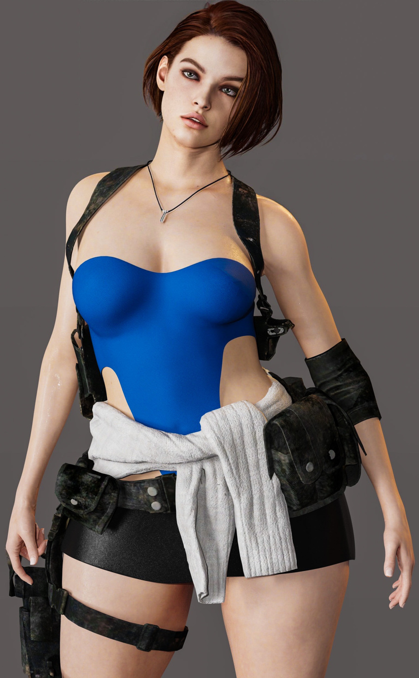 1girls 3d agent_4_tea_se7en blue_topwear brown_hair female female_only holster jill_valentine jill_valentine_(sasha_zotova) leg_holster leotard miniskirt necklace portrait resident_evil resident_evil_3 resident_evil_3_remake short_hair skirt small_breasts sweater_around_waist thick_thighs thong_leotard tubetop