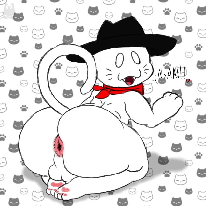 2022 anthro anus ass bandana big_butt black_clothing black_hat black_headwear clothing digital_media_(artwork) domestic_cat fangs felid feline felis footprint fur golde_(golde) hat headgear headwear heart heart_after_text hi_res kerchief kneeling looking_at_viewer looking_back male mammal nekoni pawpads pawprint pink_pawpads rear_view red_bandanna red_kerchief sharp_teeth solo tail teapot_(body_type) teeth text thick_thighs tongue whiskers white_body white_eyes white_fur white_tail