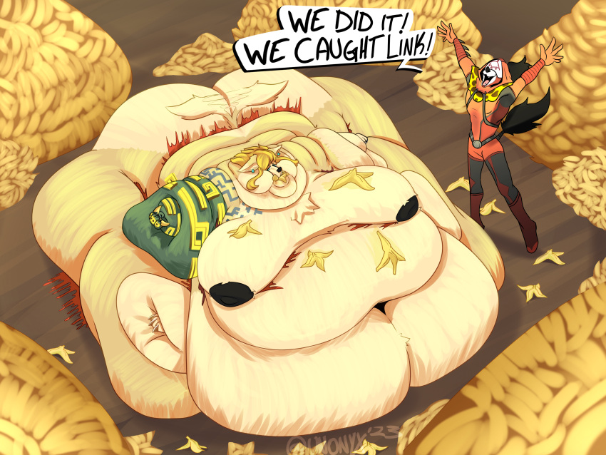 4:3 absurd_res anthro anthrofied bad_end banana blob_(disambiguation) fat_fur food fruit hi_res immobile implied_weight_gain link male_only morbidly_obese nintendo obese overweight plant tears_of_the_kingdom the_legend_of_zelda unonyx weight_gain