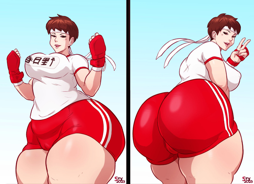 1girls 5tarex asian asian_female bad_anatomy bent_over big_ass brown_eyes brown_hair clothing fat fat_ass female female_only fully_clothed gym_uniform handwear huge_ass huge_thighs human large_breasts looking_at_viewer nipple_bulge pale_skin peace_sign pov red_gloves red_shorts sakura_kasugano short_hair smirk solo solo_female sportswear street_fighter tomboy v white_bandana white_shirt wide_hips