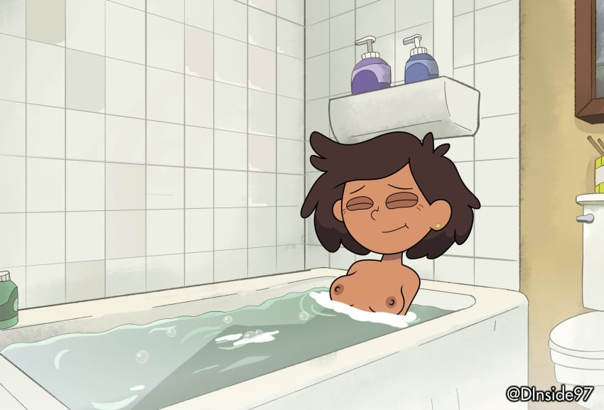 1girls amphibia bathing bathroom bathtub casual_nudity deadinside97 disney disney_channel female female_focus female_only mrs._boonchuy nonsexual_nudity oum_boonchuy smile solo solo_female solo_focus straight_hair