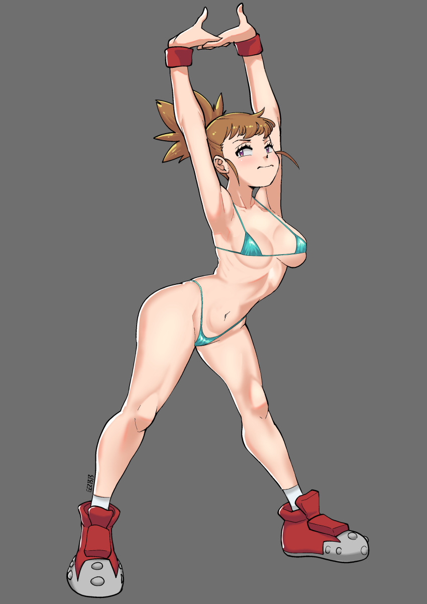 cammy_stretch digimon digimon_tamers female female_only gez1313 makino_ruki micro_bikini navel ponytail red_hair rika_nonaka sneakers solo stretching tagme