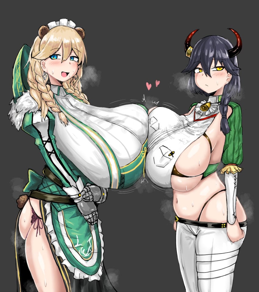 2girls ajax_(last_origin) breast_docking breasts frigga_(last_origin) geist43195783 last_origin light-skinned_female light_skin massive_breasts symmetrical_docking