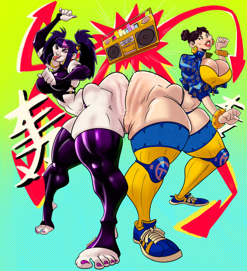 2022 2girls absurd_res ass ass_to_ass bottom_heavy breasts capcom chun-li chun-li_(cover_girl) cleavage clyde_tanksley curvaceous curvy duo duo_focus earrings female_focus female_only gold_boombox_(prevence) hips hoop_earrings huge_ass huge_breasts huge_thighs juri_han looking_at_another street_fighter thick_thighs thighhighs thighs twerking twerkoff wide_hips