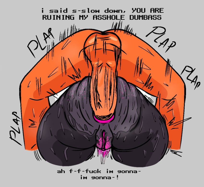 anal ass big_ass big_butt black_body bodily_fluids dialogue fat_ass fat_butt maledom missionary_position nanodude78 oc orange_body original_character pink_hair pussy pussy_juice rough_sex sharp_teeth sweating sweaty sweaty_body sweaty_butt tagme voipina_(nanodude78)