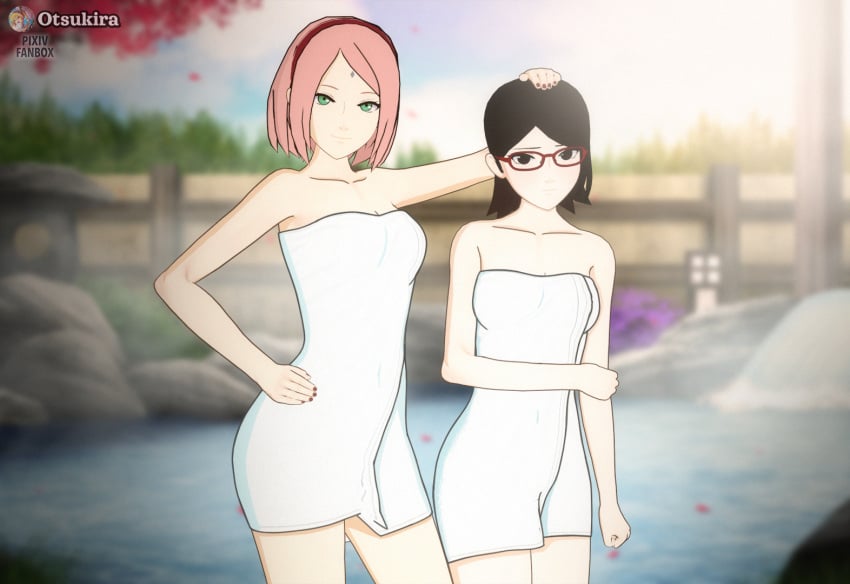 2girls adult age_difference bare_legs bare_shoulders barely_clothed black_eyes black_hair boruto:_naruto_next_generations curvaceous eyewear female female_only glasses green_eyes haruno_sakura head_pat hot_spring koikatsu looking_at_viewer milf mother_and_daughter multiple_girls naruto naruto_(series) older_female onsen otsukira petite pink_hair sakura_haruno sarada_uchiha towel towel_only uchiha_sarada wide_hips young younger_female