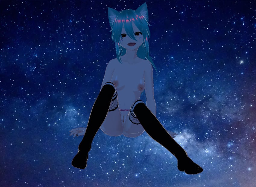 ahe_gao black_legwear fishnets indie_virtual_youtuber kneehighs lewdtuber pubic_tattoo rainbowvt_ red_eyes small_breasts space virtual_youtuber