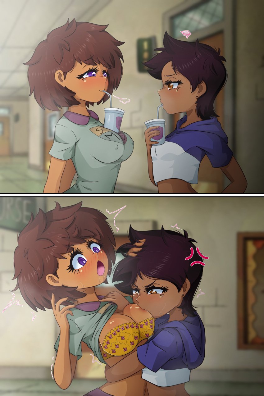 2girls 2koma absurd_res aged_up alternate_version_available amphibia angry angry_expression anne_boonchuy big_breasts blush bra breast_envy breast_size_difference breast_sucking breasts brown_eyes brown_hair catfight comic crossover dark-skinned_female dark_skin disney disney_channel double_chocolate drinking_straw elchasconsito erect_nipples female female_only interracial interracial_yuri latina lesbian_sex licking_breast lifting_shirt luz_noceda medium_breasts nipple_bulge nipples petite purple_eyes saint_james_school_uniform school school_uniform schoolgirl short_dark_hair short_hair small_breasts straight_hair sucking_nipples teenage_girl teenager thai thai_female the_owl_house tomboy young yuri